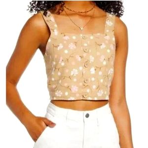 BP, Nordstrom Linen Blend Sophie Pink & Tan Floral Button Crop Top, SZ M NWT